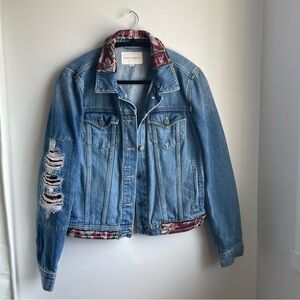 Distressed Denim Jacket with Tapestry Detail Women Size S-Vince Camuto